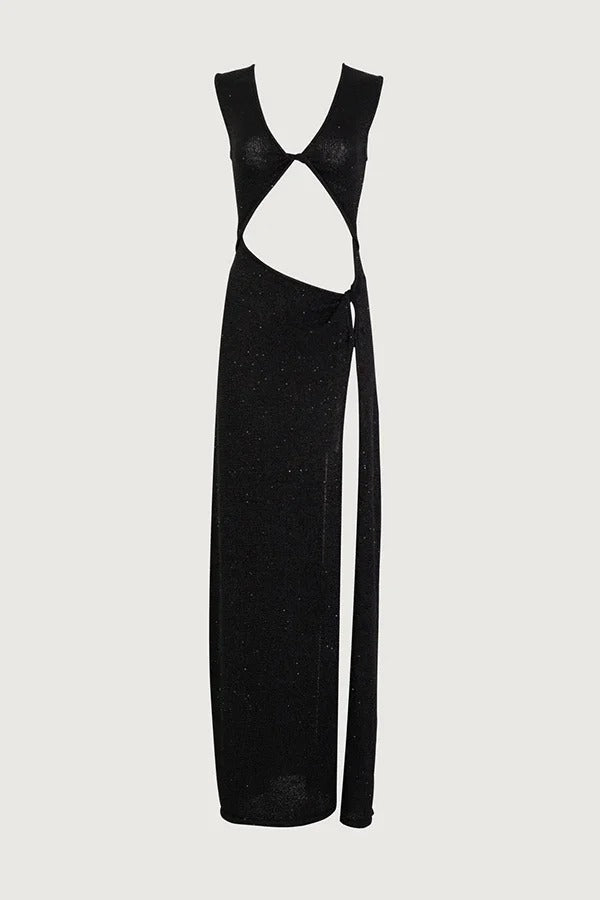 Schöne Figur Glänzender Strickstoff Ausschnitt Seitenschlitz Stretch Urlaub Maxikleid