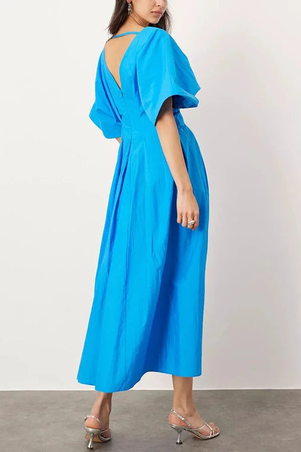 Antibes Linen Blend Princess Line Pleated Wide Puff Sleeve Midi Dress