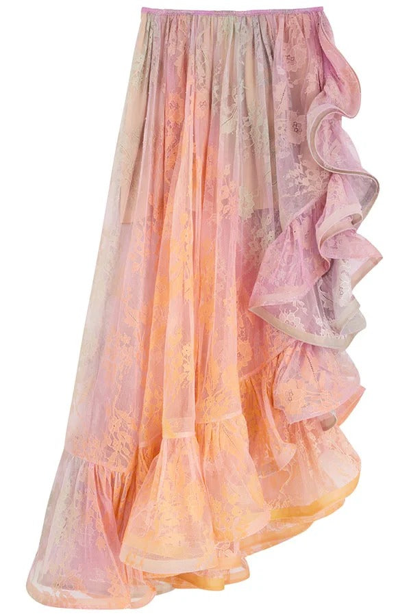 Tesley Lace Gradient Print Elastic Waist Irregular Ruffles Maxi Skirt