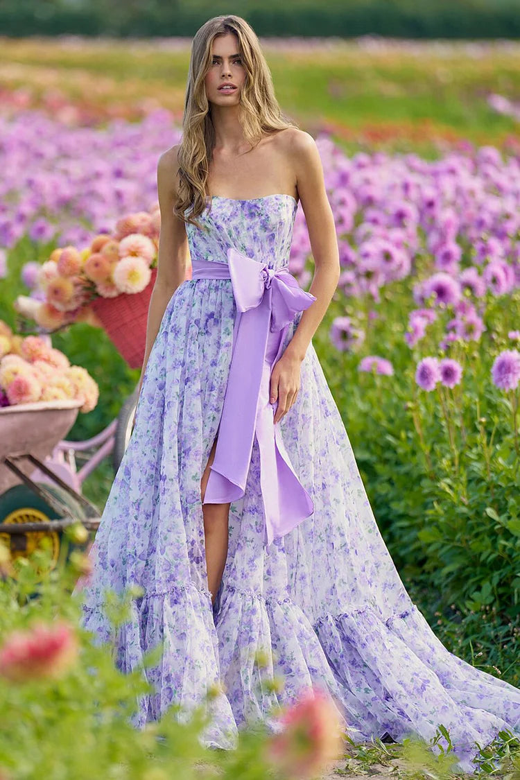 Floral Print Strapless Tie Up Bow Pleated Maxi Dresses