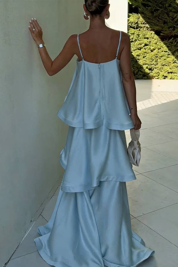 Soft and Smooth Satin Tiered Slip Square Neck A-line Maxi Dress