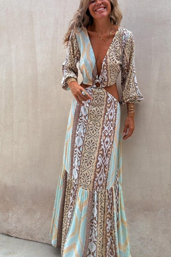 Sefora Unique Color Block Print Long Sleeve Ring Cutout Back Tie-Up Maxi Dress