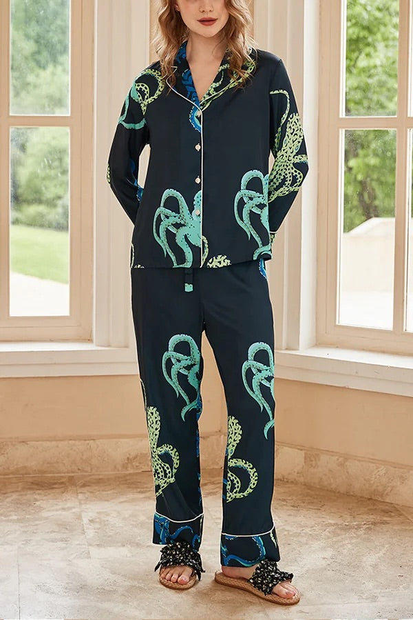 Black Octopus Print Home Long-sleeved Two-piece Set