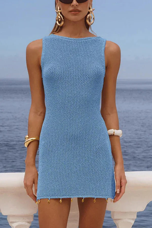 Beach Club Knit Shell Hardware Tassel Hem Tank Mini Dress