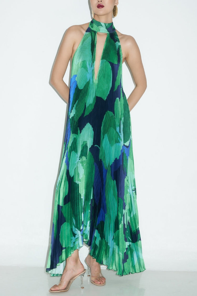 Opera Pleated Colorblock Camouflage Print Cutout Halter A-line Maxi Dress