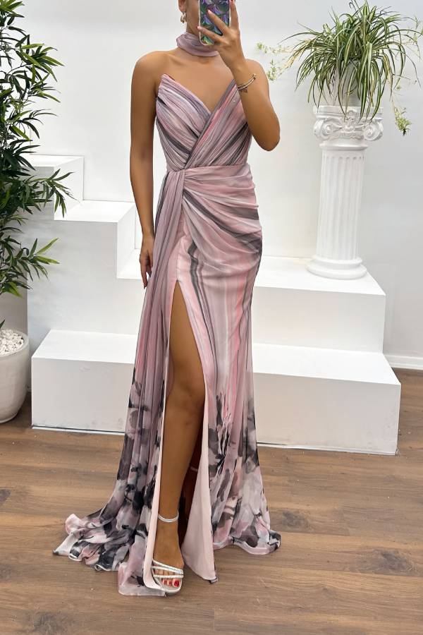 In A Dreamland Chiffon Floral Print Off Shoulder Pleated Scarf Slit Maxi Dress