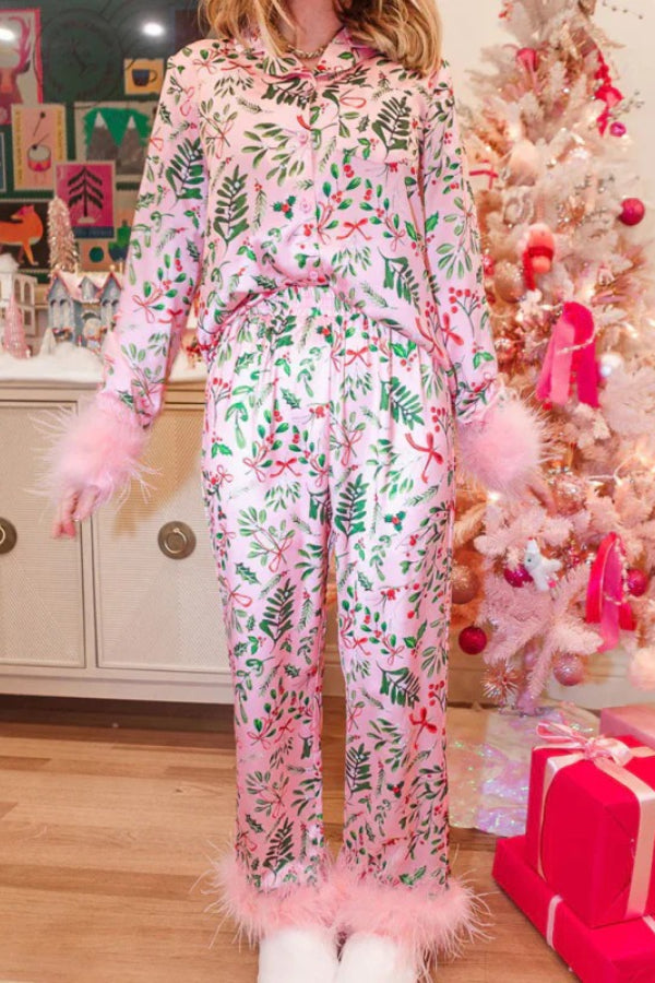 Iconic Holiday Printed Feather Trim Elastic Waist Pocketed Pajama Set