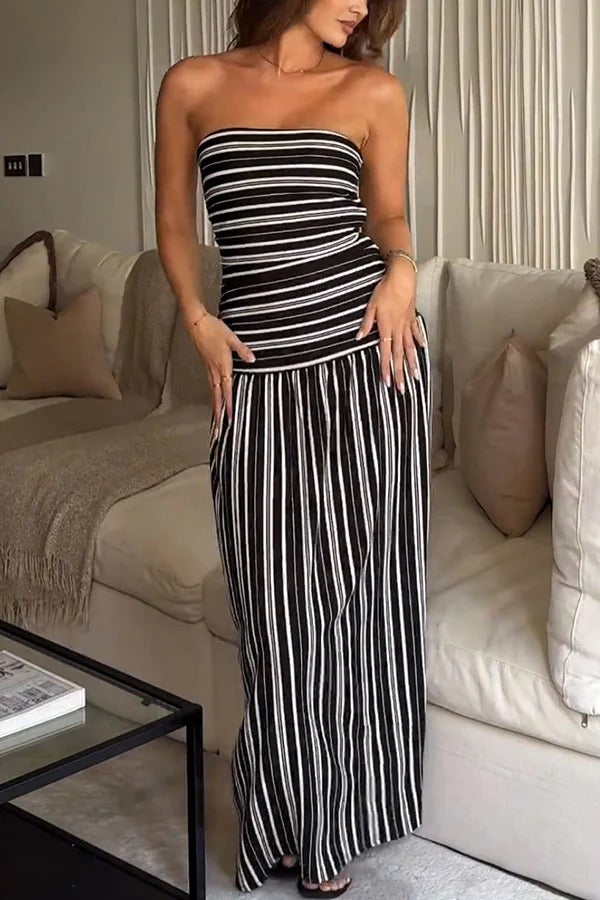 Simple Sexy Striped Ruched Detail Bandeau Stretch Maxi Dress