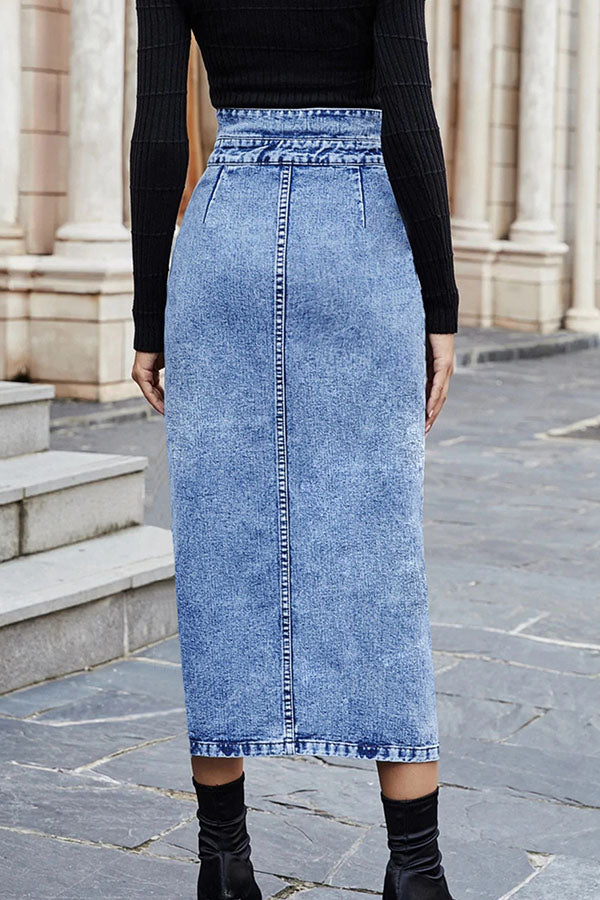 Solid Color High Waist Front Slit Side Pocket Denim Skirt