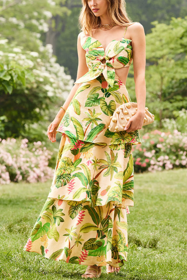 Floral Hollow Pleated Sleeveless High Waist Maxi Dress