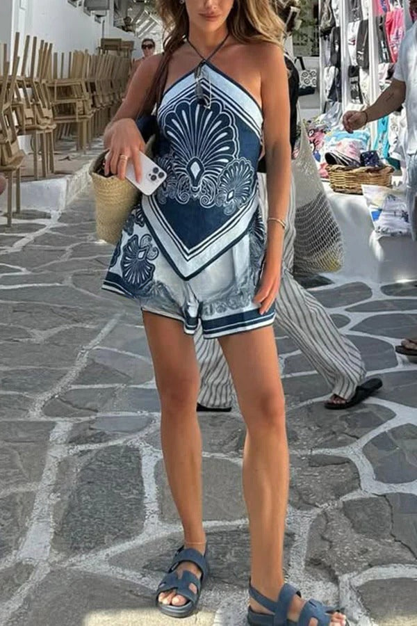 Jiya Linen Blend Unique Print Halter Scarf Tank and Elastic Waist Pocket Shorts Set
