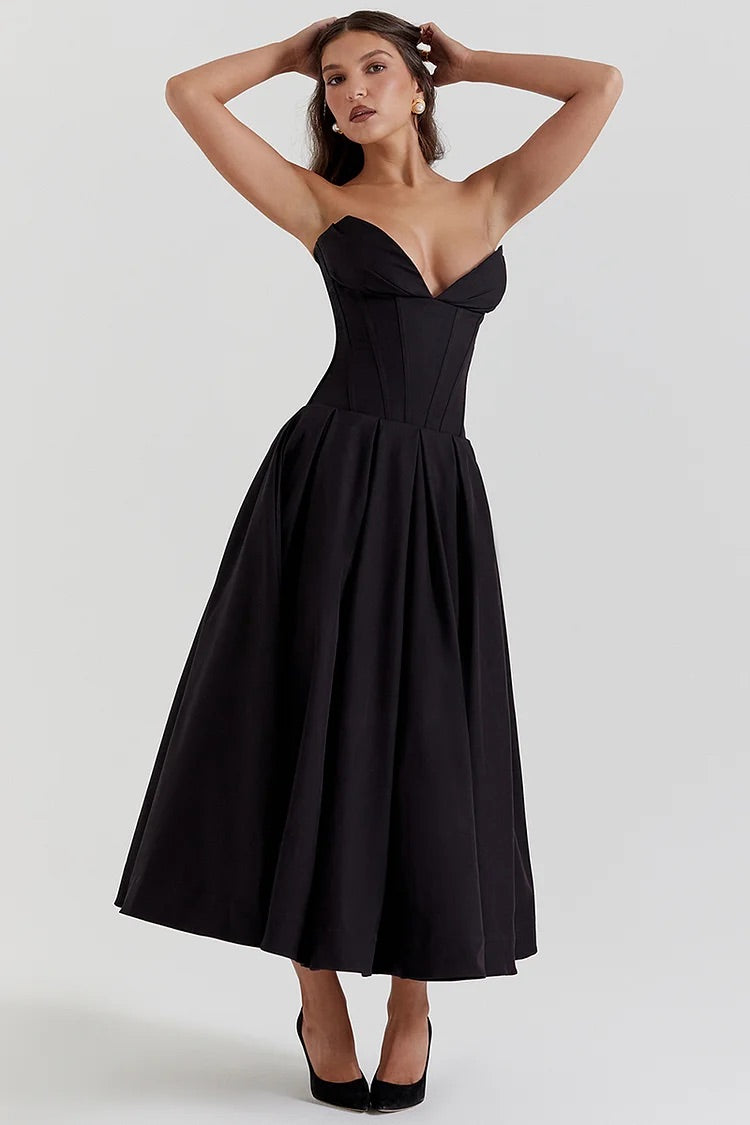 Deep V Neck Strapless Corset A-Line Pleated Midi Dresses-Black