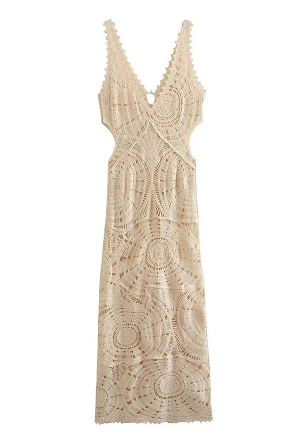 On Vacay Time Crochet Lace Cutout Waist Coverup Stretch Maxi Dress