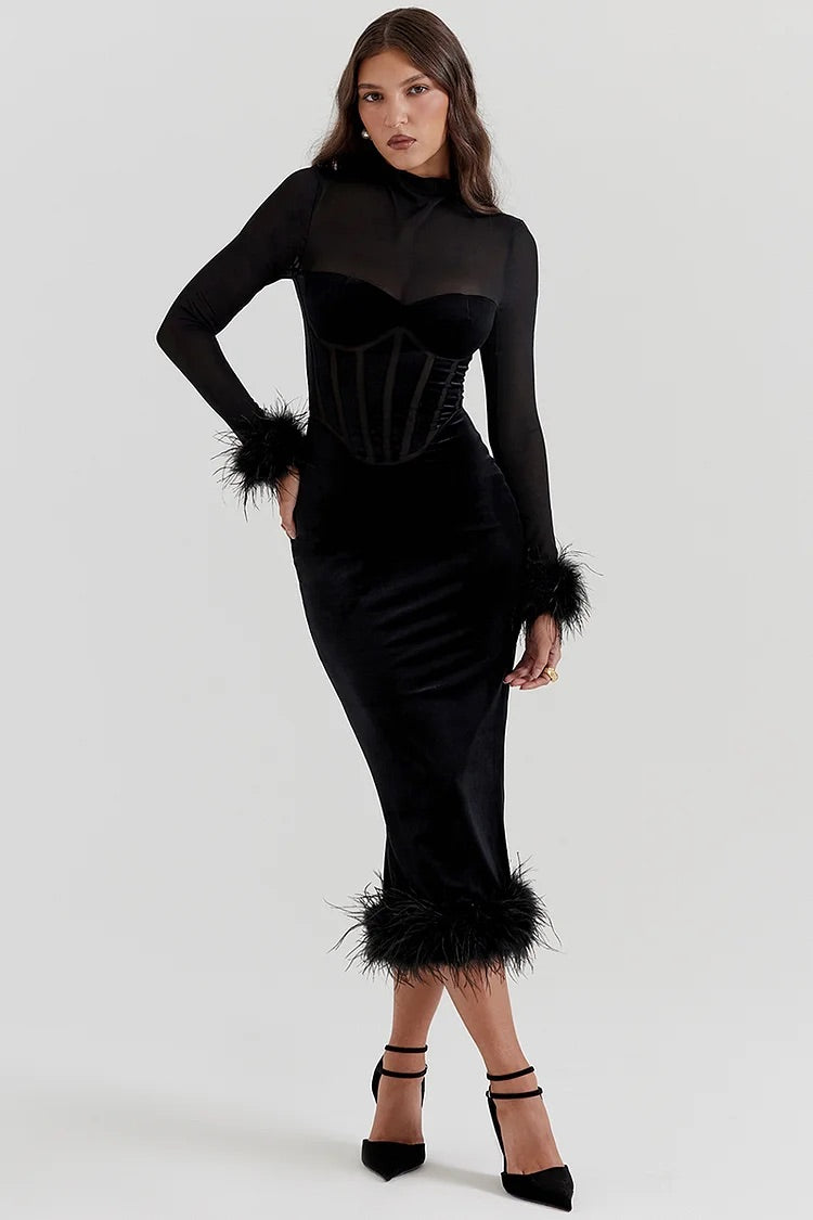 Mesh Patchwork Long Sleeve Feather Cuff Bodycon Cocktail Party Velvet Midi Dresses