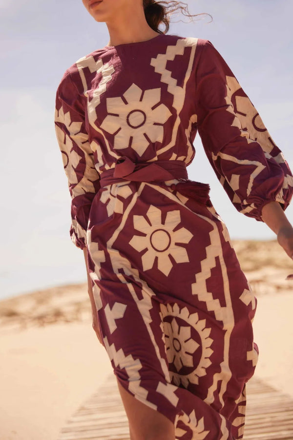 Retro Folk Flower Print Puff Sleeve Midi Dress