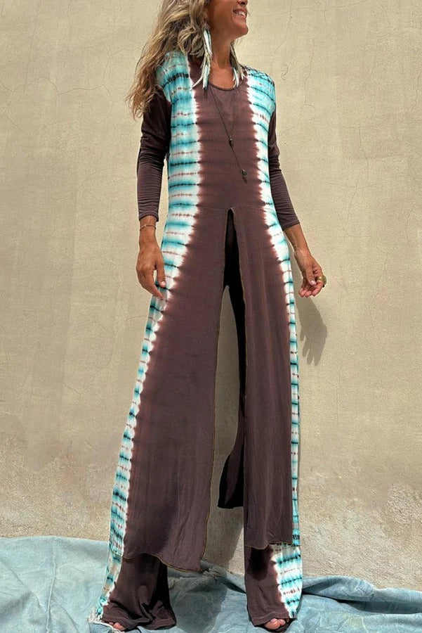 ROMA Tie-dye Print Front and Back Slit Detail Long Sleeve Stretch Midi Top