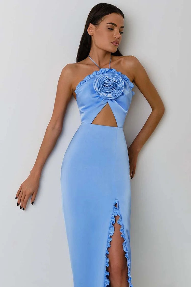 Tied Up Irregular Neck Flower Decor Cutout High Slit Bodycon Satin Prom Maxi Dresses