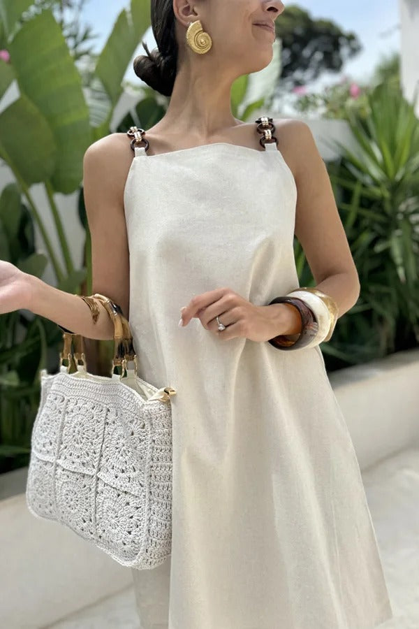 Travel Dreams Linen Blend Metal Ring Shoulder Strap H-line Mini Dress