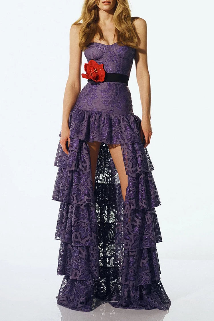 Strapless High Slit Tiered Lace Ruffle Party Maxi Dresses-Purple