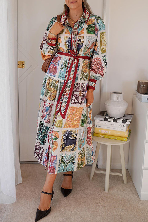 Wond A Land Unique Print Balloon Sleeve Belt Pocketed Shirt Midi Dress