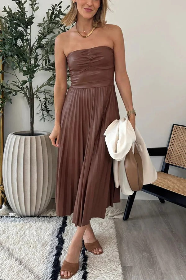 My Juliet Faux Leather Off Shoulder Strapless Pleated Stretch Midi Dress