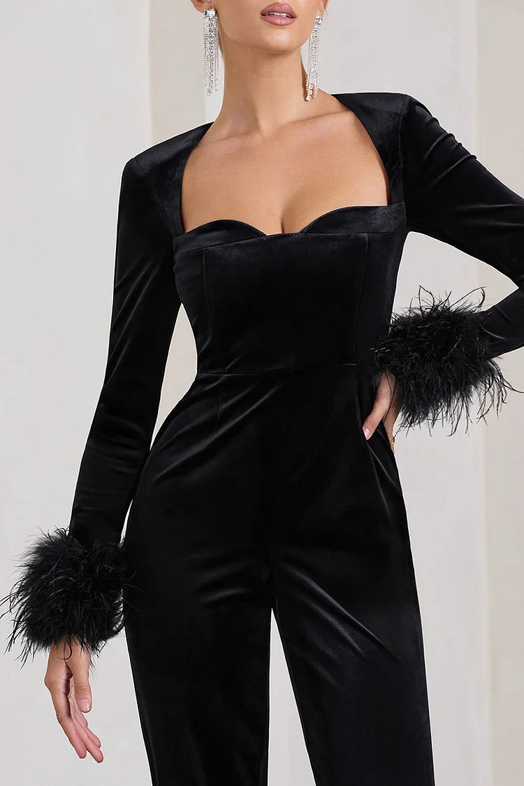 Long Sleeve Feather Cuff Cinch Waist Straight Leg Velvet Jumpsuit-Black