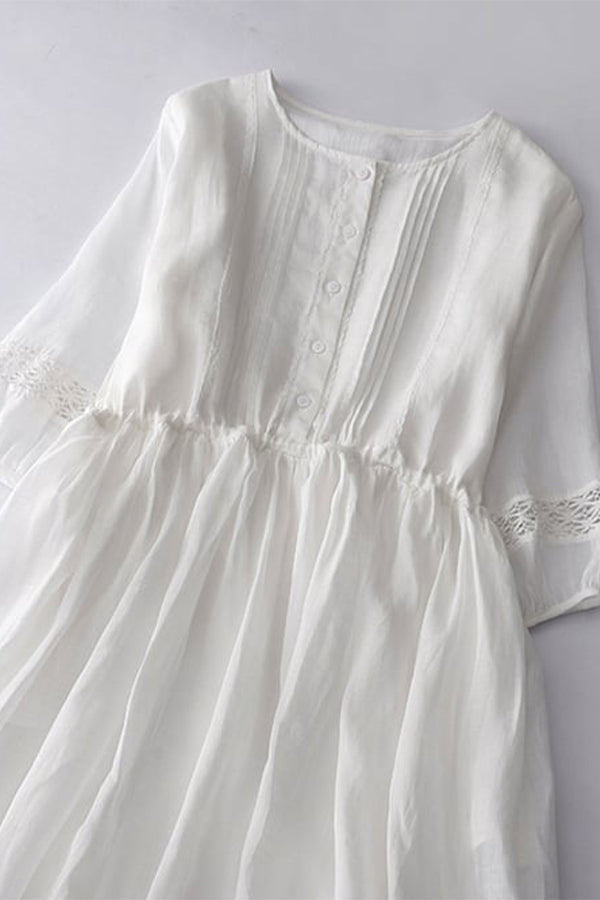 Thin Round Neck Lace Up Waist Embroidered Cotton Linen Dress