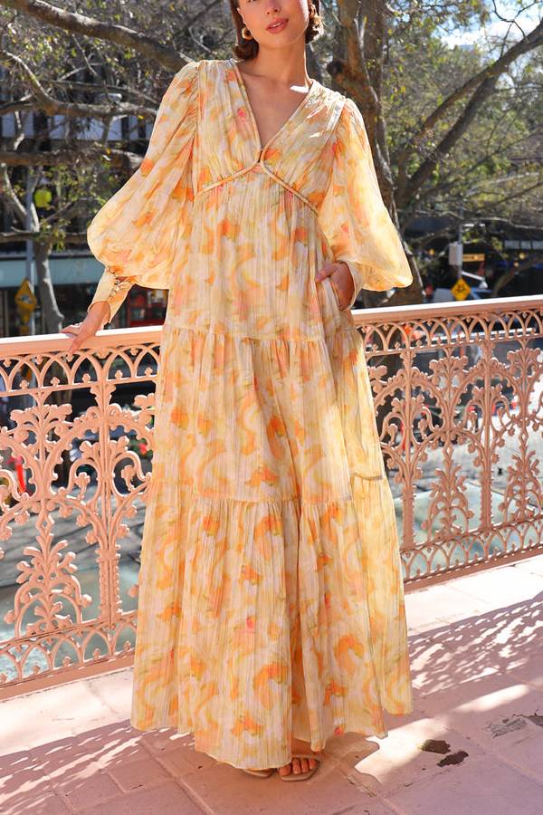 Ochre Cloud V-neck Loose-fitting Puff Sleeve Maxi Dress