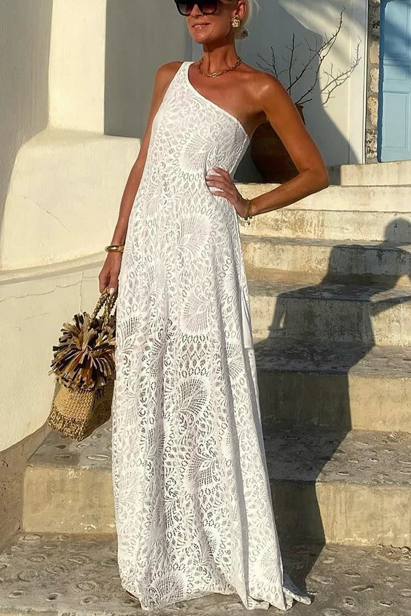 Elegant Moment Crochet Lace One Shoulder Slit A-line Maxi Dress