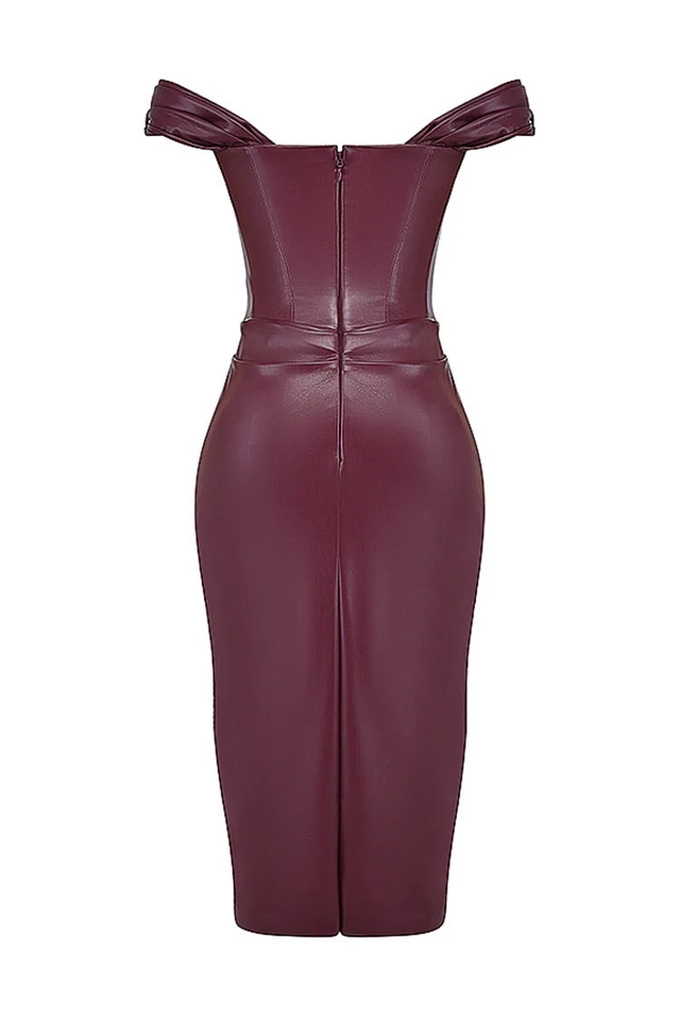 Faux Leather Pleated Neckline Corset Bodycon Cocktail Party Midi Dresses-Burgundy