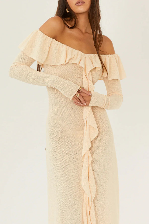 Darling Way Knit Off Shoulder Long Sleeve Drape Ruffles Slit Stretch Maxi Dress