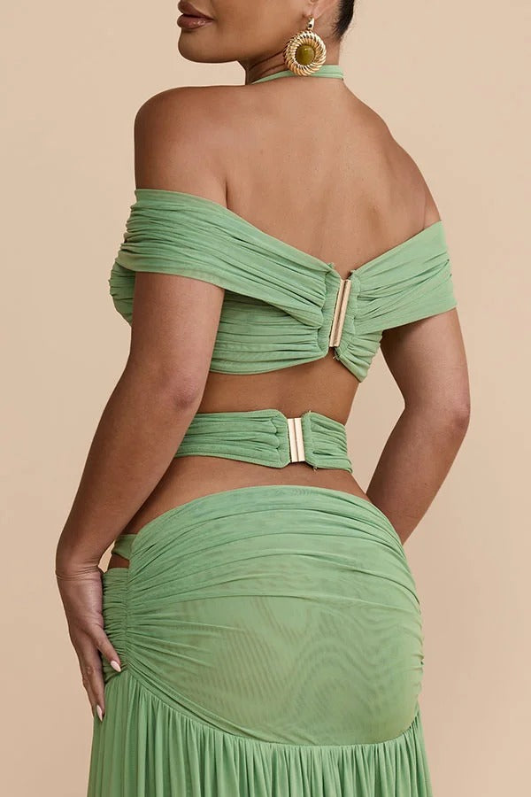 Martina Stretch Mesh Gold Metal Detail Gathered Sweetheart Crop Halter Vacation Tank