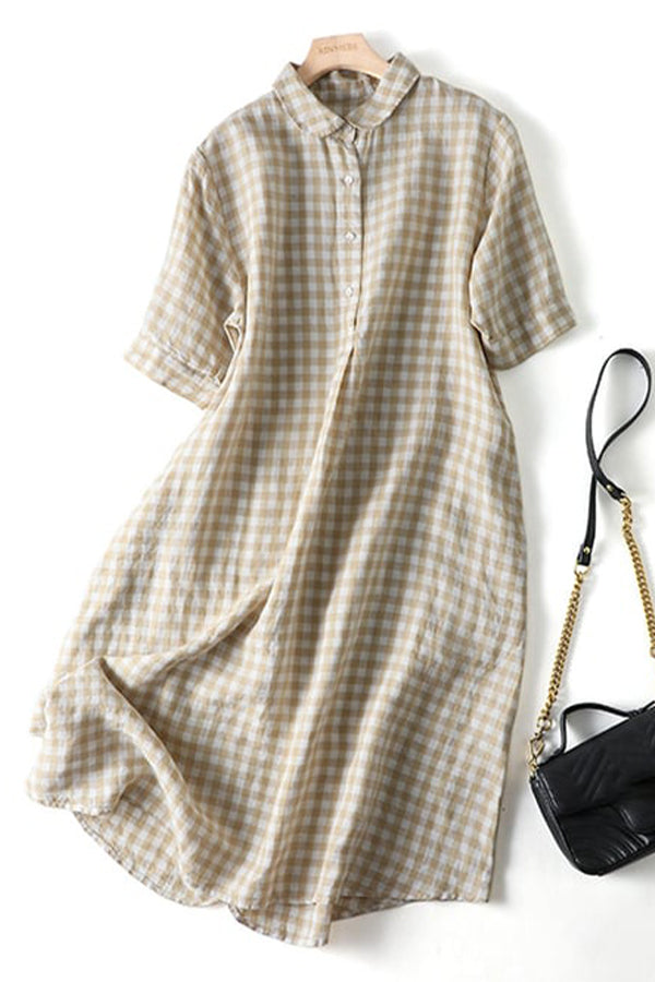 Artistic Retro Cotton Linen Check Dress