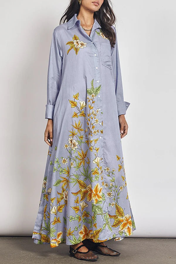 Opera Unique Floral Print Long Sleeve Pocket A-line Shirt Maxi Dress