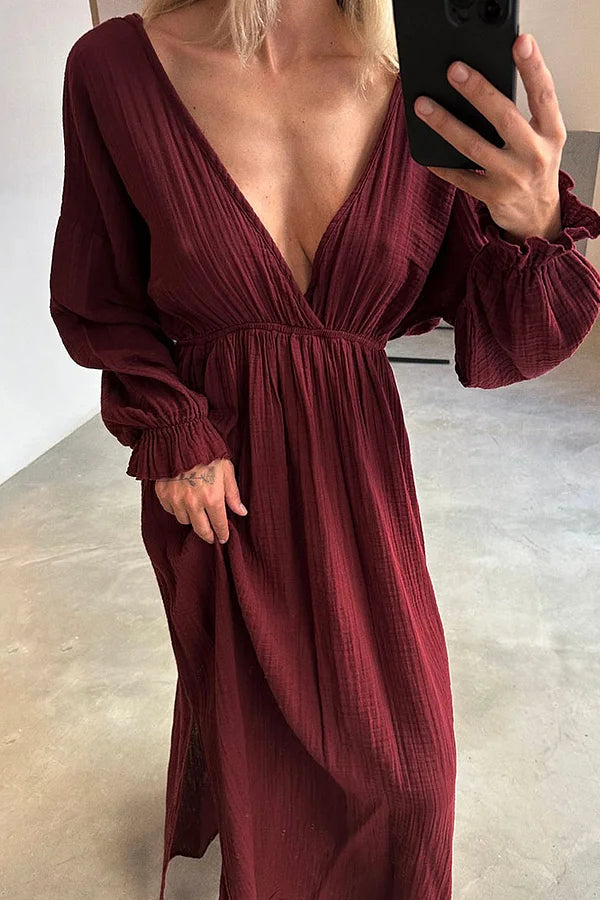 Casual V-neck Slit Cotton and Linen Dress