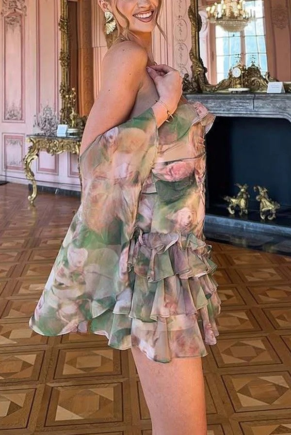 Chiffon Floral Print Elegant Multi-Layered Ruffle Mini Dress