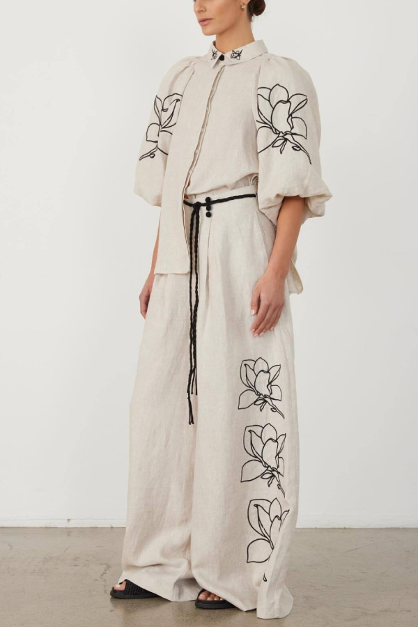 Fashionable cotton and linen printed wide-leg pants suit