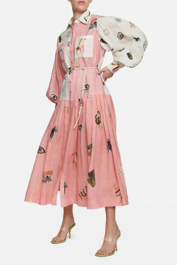 Playful Design Unique Print Balloon Sleeve Pocket Belt Shirt Midi Dress