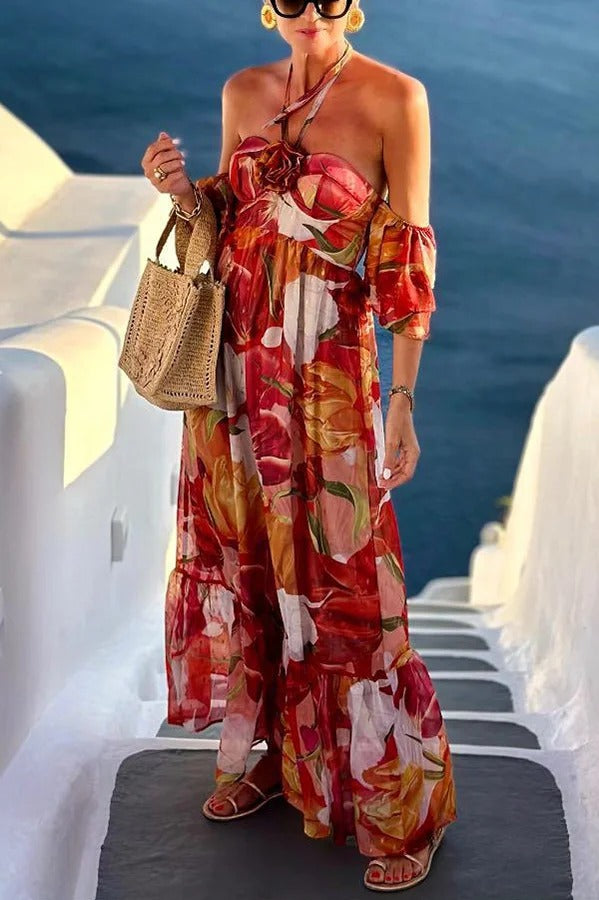 Paradise Bound Floral Printed Flower Pendant Halter Loose Maxi Dress