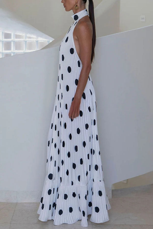 Really Special Pleated Polka Dot Print High Halter Neck A-line Maxi Dress