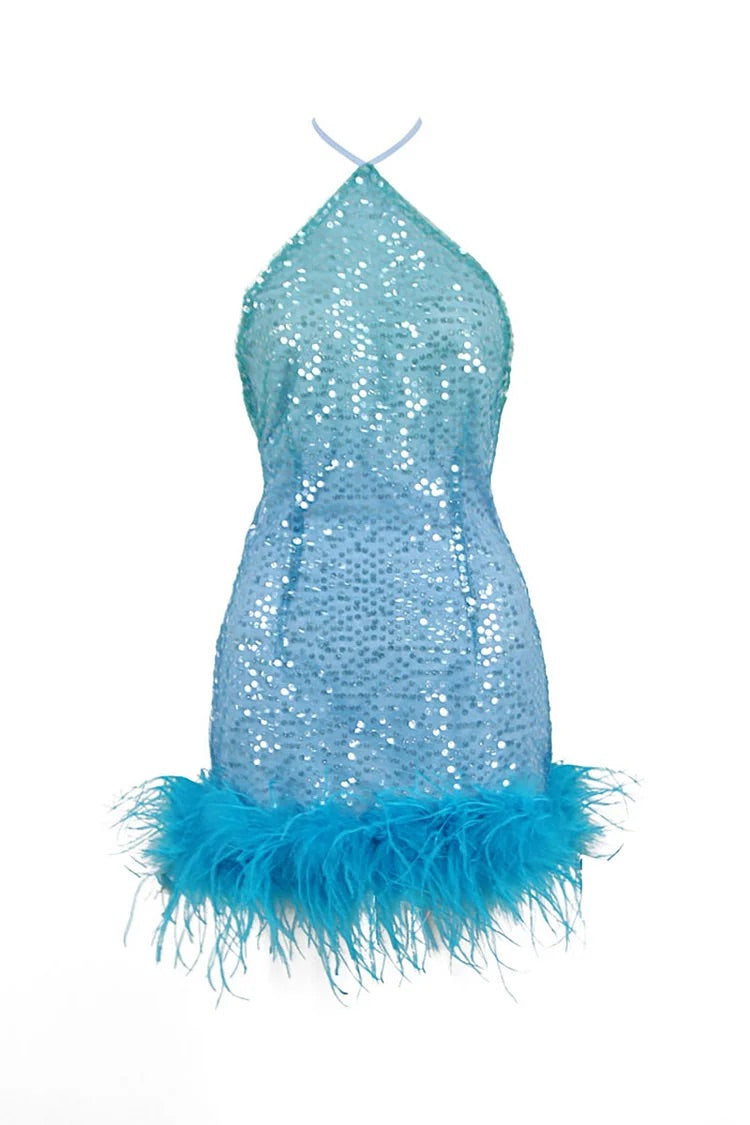 Fading Color Sequins Halter Backless Slim Fit Feather Trim Mini Dresses-Blue