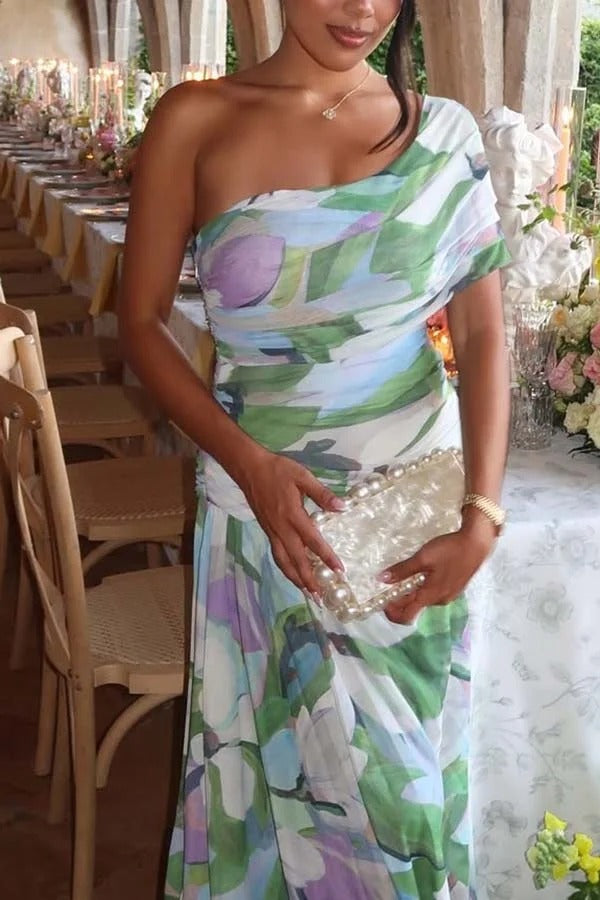 Sunshine and Wine Mesh Floral Print Off Shoulder Ruched Stretch Maxi Dress