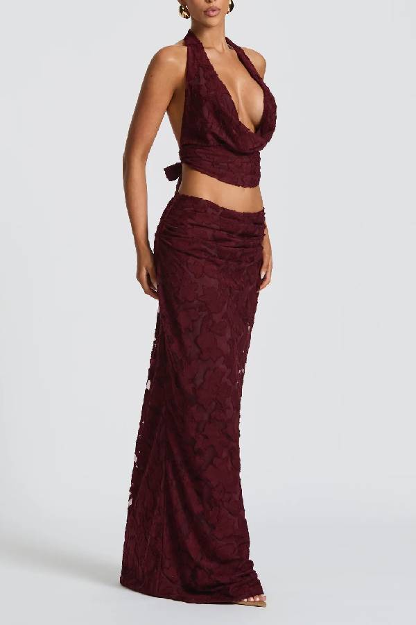 Myra Floral Burnout Jersey Fabric Halter Crop Tank and Ruched Maxi Skirt Set