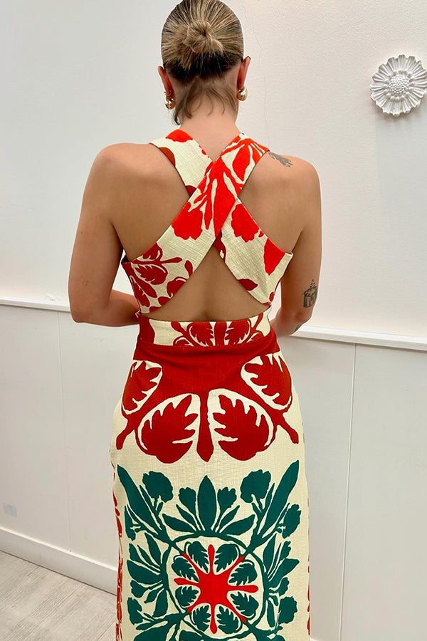 Jolie Unique Printed Square Neck Backless Slim High Waist Maxi Dress