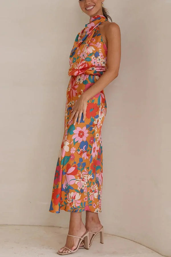 Fascinating Day Floral Halter Neck Elastic Waist Maxi Dress