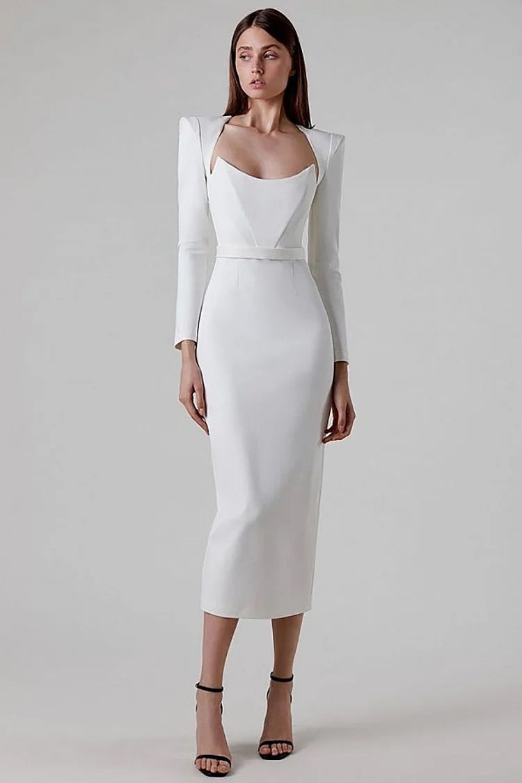 Plain Irregular Neck Corset Long Sleeve Bodycon White Midi Dresses