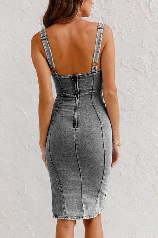 This Seasons Staple Denim Adjustable Straps Zip-up Firm Stretch Midi Dress