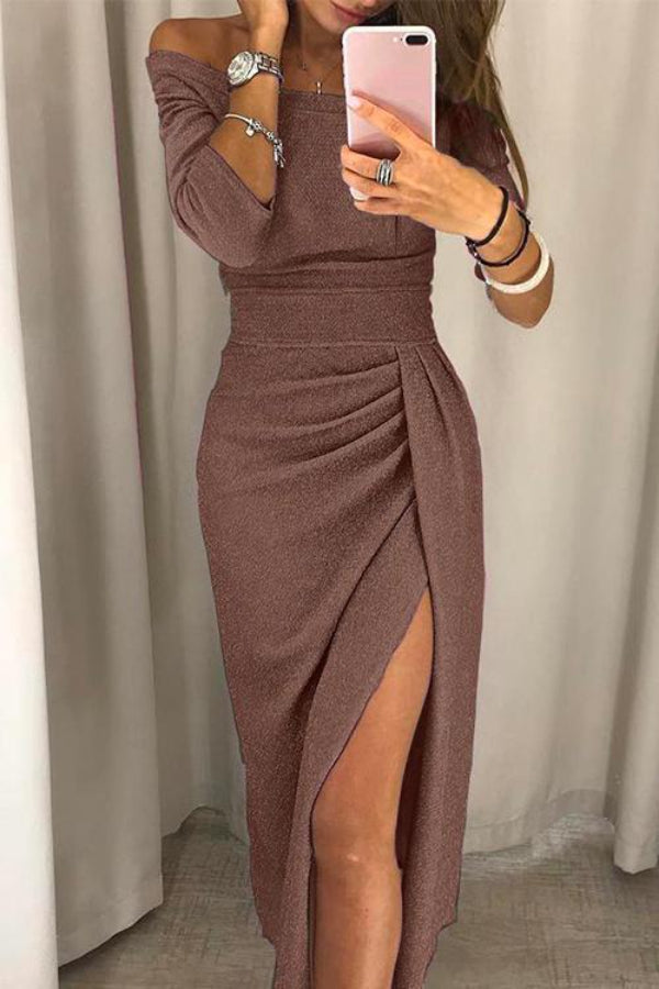 Off Shoulder Waisted Slit Glitter Party Dress