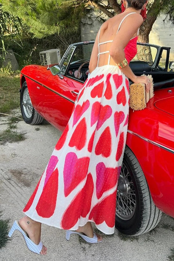 Full of Love Heart Shape Print Cutout Spaghetti Strap Backless Maxi Dress