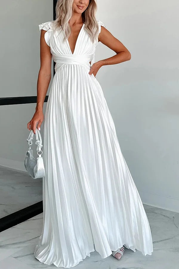 Opulent Occasion Satin Pleated Ruffle Sleeve Back Lace-up Maxi Dress